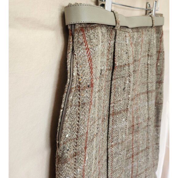 Vintage Wool A-line Skirt Tweed Plaid w Belt, Kick Pleats, Side Zip, Fully Lined - Picture 4 of 8